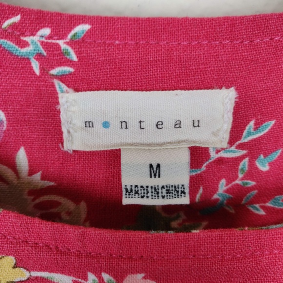 Monteau Dress Red Pink Linen Blend Floral A-Line - Picture 4 of 7